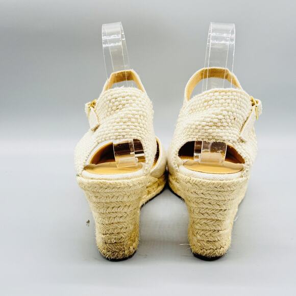 J Crew Sandals Womens 9.5 Beige Canvas Espadrille Wedge Closed Toe Ankle Strap - Picture 6 of 12